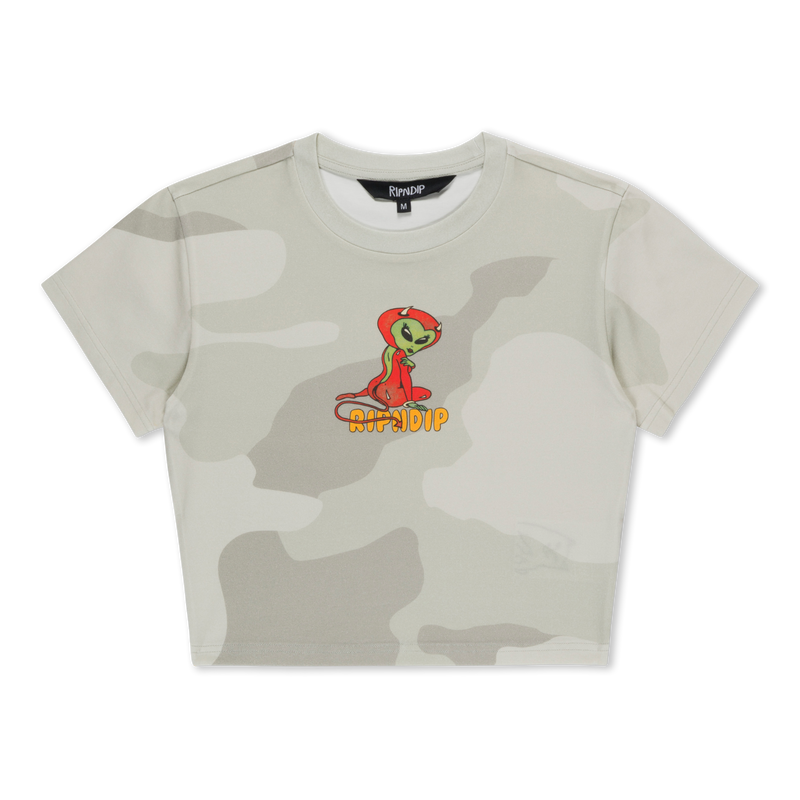 Devil Alien Cropped Baby Tee (Bone Graffiti Camo)