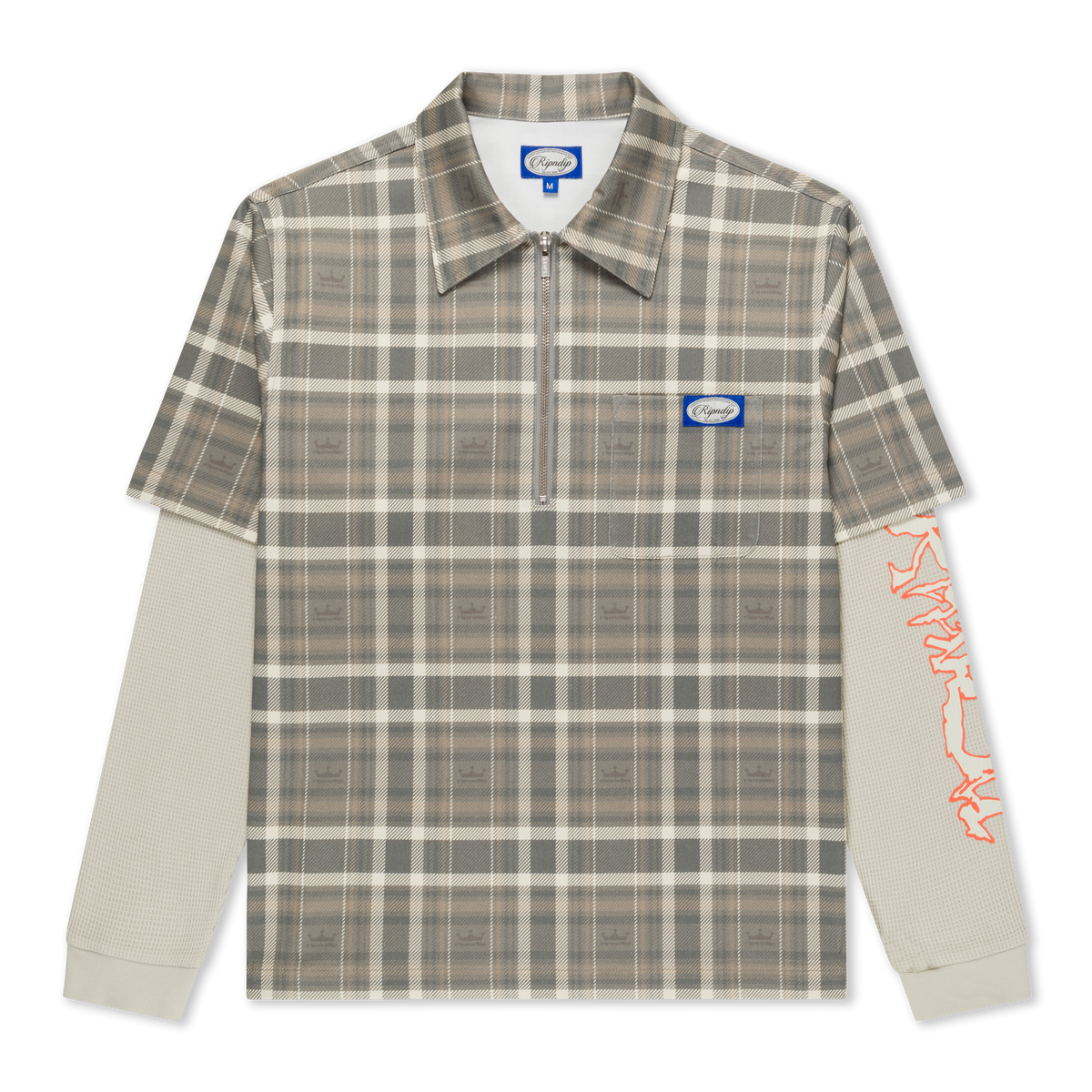 Pacific Beach Half Zip Double Sleeve Tee (Tan Plaid)