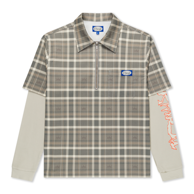 Pacific Beach Half Zip Double Sleeve Tee (Tan Plaid)