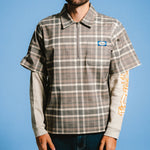 Pacific Beach Half Zip Double Sleeve Tee (Tan Plaid)